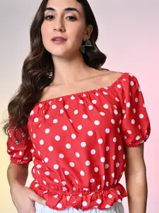 aaivan Polka Dot Printed Off-shoulder Crop Top