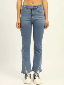 Madame Women Straight Fit Light Fade Mid-Rise Clean Look Slit Detail Pure Cotton Jeans