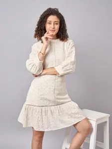 The Roadster Lifestyle Co. Self Design Schiffli Choker Neck Cotton A-Line Mini Dress