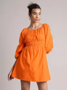 ZACCAI Women's Orange Cotton Solid Fit & Flare Gathered Mini A-Line Dress