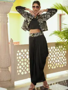 FASHION DWAR Printed Chanderi Silk Top With Trousers & Jacket