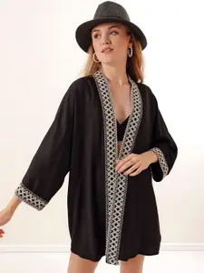 BIGDART Embroidered Open Front Long Sleeves Longline Shrug