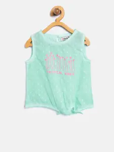 Palm Tree Girls Sea Green Printed Dobby-Weave Pure Cotton Top