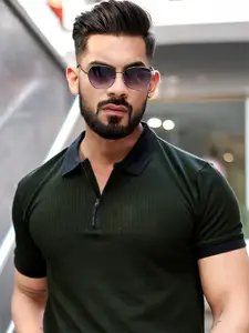 Maniac Striped Polo Collar Slim Fit Cotton T-shirt