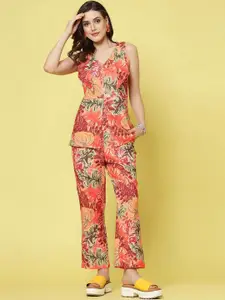 Siya Fashion Floral Printed V-Neck Shoulder Strap Sleeve Top & Trouser