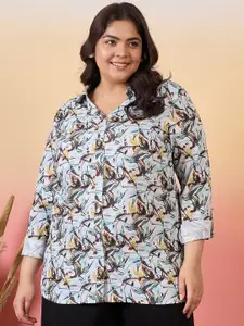 Sztori Plus Size Classic Fit Floral Printed Roll-Up Sleeves Crepe Casual Shirt