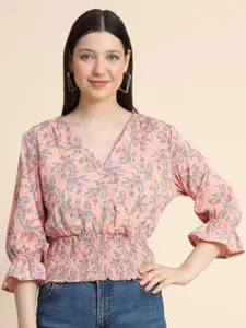 TOOCHKI Floral Printed Smocking Cinched Waist Top