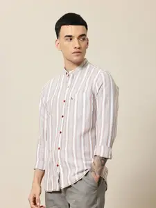 Mr Bowerbird Men Premium Tailored Fit Mandarin Collar Linen Cotton Striped Casual Shirt