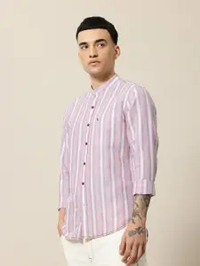 Mr Bowerbird Men Premium Tailored Fit Mandarin Collar Linen Cotton Striped Casual Shirt