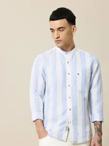 Mr Bowerbird Men Premium Tailored Fit Mandarin Collar Linen Cotton Striped Casual Shirt