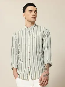 Mr Bowerbird Men Premium Tailored Fit Mandarin Collar Linen Cotton Striped Casual Shirt