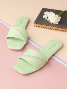 Tokyo Talkies Sea Green Ethnic - Embellished Square Toe Flats