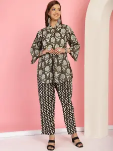 TAG 7 Printed Pure Cotton Mandarin Collar Neck Top & Flared Trouser Co-Ords