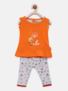 Gini and Jony Girls Orange & Grey Printed T-shirt with Leggings