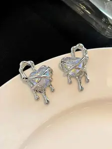 VAGHBHATT Silver-Plated Stainless Steel Stones Studded Heart Shaped Studs Earrings