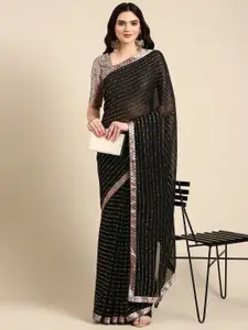 Ishin Striped Beads and Stones Poly Georgette Saree