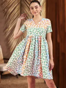 DressBerry White Floral Printed Crepe Fit & Flare Midi Dress