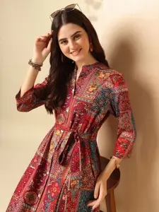 Anouk Ethnic Motifs Printed Mandarin Collar Tie-Ups Detail Shirt Dress