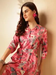 Anouk Floral Printed Shirt Collar Tie-Ups Detail Shirt Dress