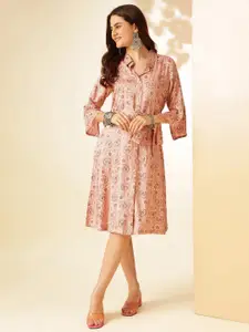 Anouk Women Floral Printed Flared Sleeves Knee Length Shirt Dress