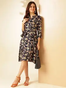 Anouk Navy Blue Floral Print Fit & Flare Dress