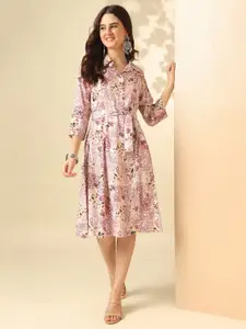 Anouk Floral Printed Shirt Collar Tie-Ups Detail Shirt Dress