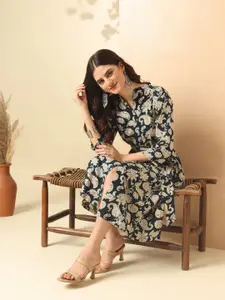 Anouk Navy Blue Floral Printed Mandarin Collar Fit and Flare Dress