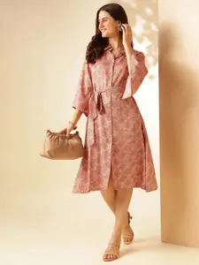 Anouk Pink Geometric Print Slit Sleeves Shirt Dress