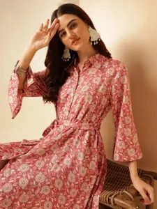 Anouk Pink Floral Printed Shirt Collar A-Line Dress
