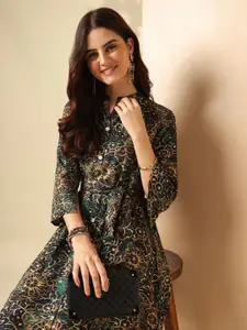 Anouk Teal Floral Print A-Line Midi Dress