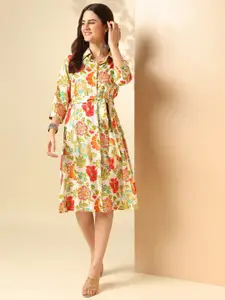 Anouk Floral Printed Shirt Collar Tie-Ups Detail Shirt Dress