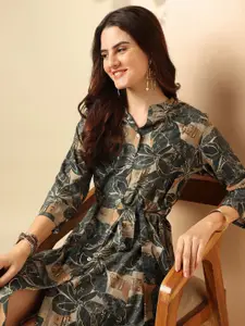 Anouk Floral Grey & Beige Printed Mandarin Collar Knee Length A-Line Dress