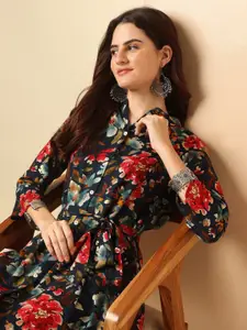 Anouk Teal Floral Print A-Line Midi Dress