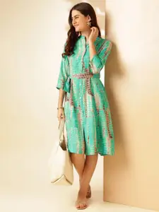 Anouk Sea Green Abstract Printed Mandarin Collar A-Line Dress