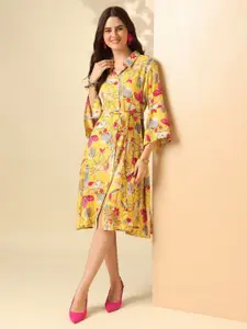 Anouk Floral Printed Shirt Collar Bell Sleeves Tie-Ups Detail Shirt Dress