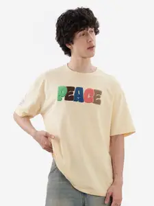 The Souled Store Round Neck Drop Shoulder Sleeves Typography Printed Applique T-shirt