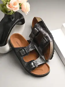 The Roadster Lifestyle Co. Textured Buckles Open Toe Comfort Flats