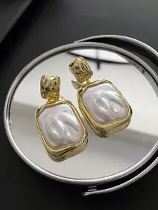 VAGHBHATT Stainless Steel Pearls Beaded Square Drop Earrings