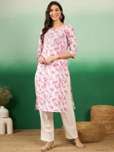 Vastramyaa Floral Printed Notch Neck Mirror Work Pure Cotton Straight Kurta