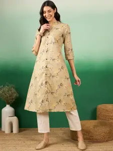 Vastramyaa Floral Printed Mandarin Collar Roll-Up Sleeves Pure Cotton A-Line Kurta