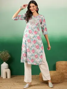 Vastramyaa Round Neck Floral Printed Cotton Straight Kurta