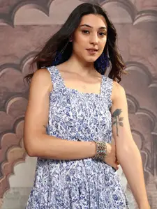 Vishudh White & Blue Floral Printed Shoulder Straps Tiered A-Line Midi Dress