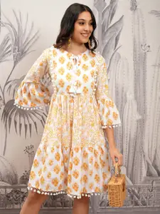 Vishudh Women Floral Printed Tie-Up Neck Bell Sleeves Cotton Fit & Flare Dress