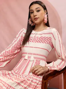 Vishudh White Geometric Printed Tie-Up Neck Puff Sleeve Gathered Fit & Flare Dress