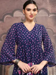 Vishudh Navy Blue  Floral Printed V-Neck Flared Sleeves Empire A-Line Kurta