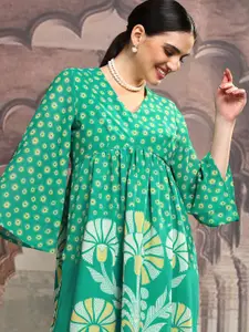Vishudh Green Floral Printed V-Neck Flared Sleeves Empire A-Line Kurta