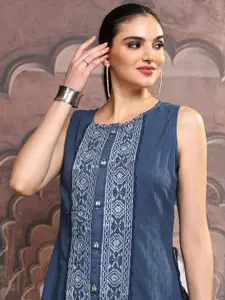 Vishudh Geometric Printed Embroidered Cotton Midi A-Line Dress