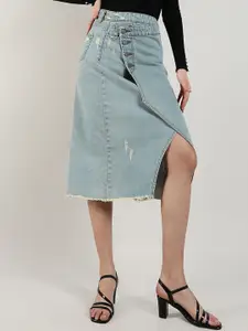 Campus Sutra Denim Straight Midi Asymmetrical Skirt