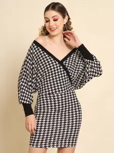 TANDUL  Women V-Neck Puff Sleeve Jacquard Bodycon Mini Dress