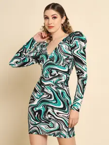 TANDUL Abstract Printed V-Neck  Jacquard Bodycon Mini Dress
